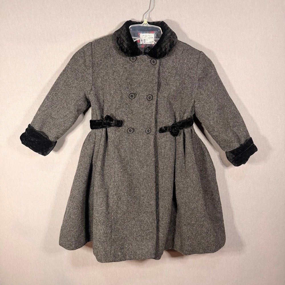 Vintage Rothschild Girls Grey Wool Blend Double Breasted Coat Velvet Trim Size 5